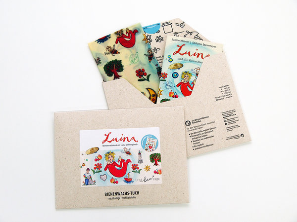 Für Kinder: Brotzeit Bienenwachstuch “Luina” – mit Luina-Lieblingsbuch