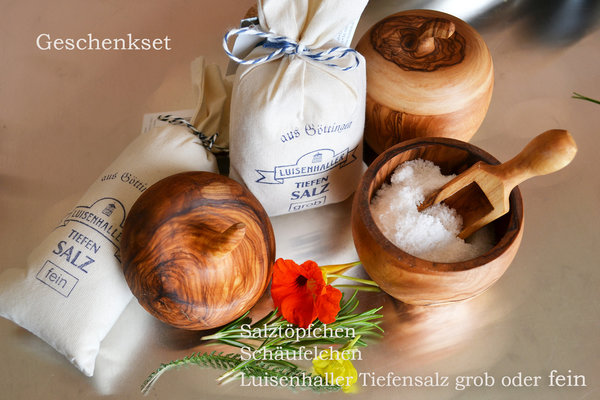 Geschenkset: Salztöpfchen, Schäufelchen + 1 Luisenhaller Salz im Leinensäckchen