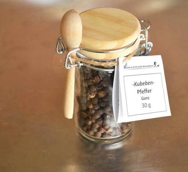 Kubenpfeffer im Bügelglas mit Dosier-Löffelchen + Kleine Holzmühle